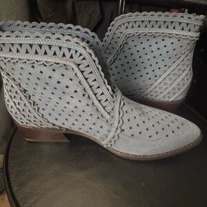 CECILIA NEW YORK Light Blue Scalloped Perforated Suede Ankle Booties